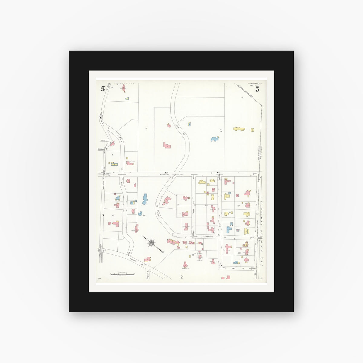 Old map wall art mockup — black gallery frame with white mat — Sanborn Fire Insurance Map from Edgeworth, Allegheny County, Pennsylvania (1938), Sheet #0005