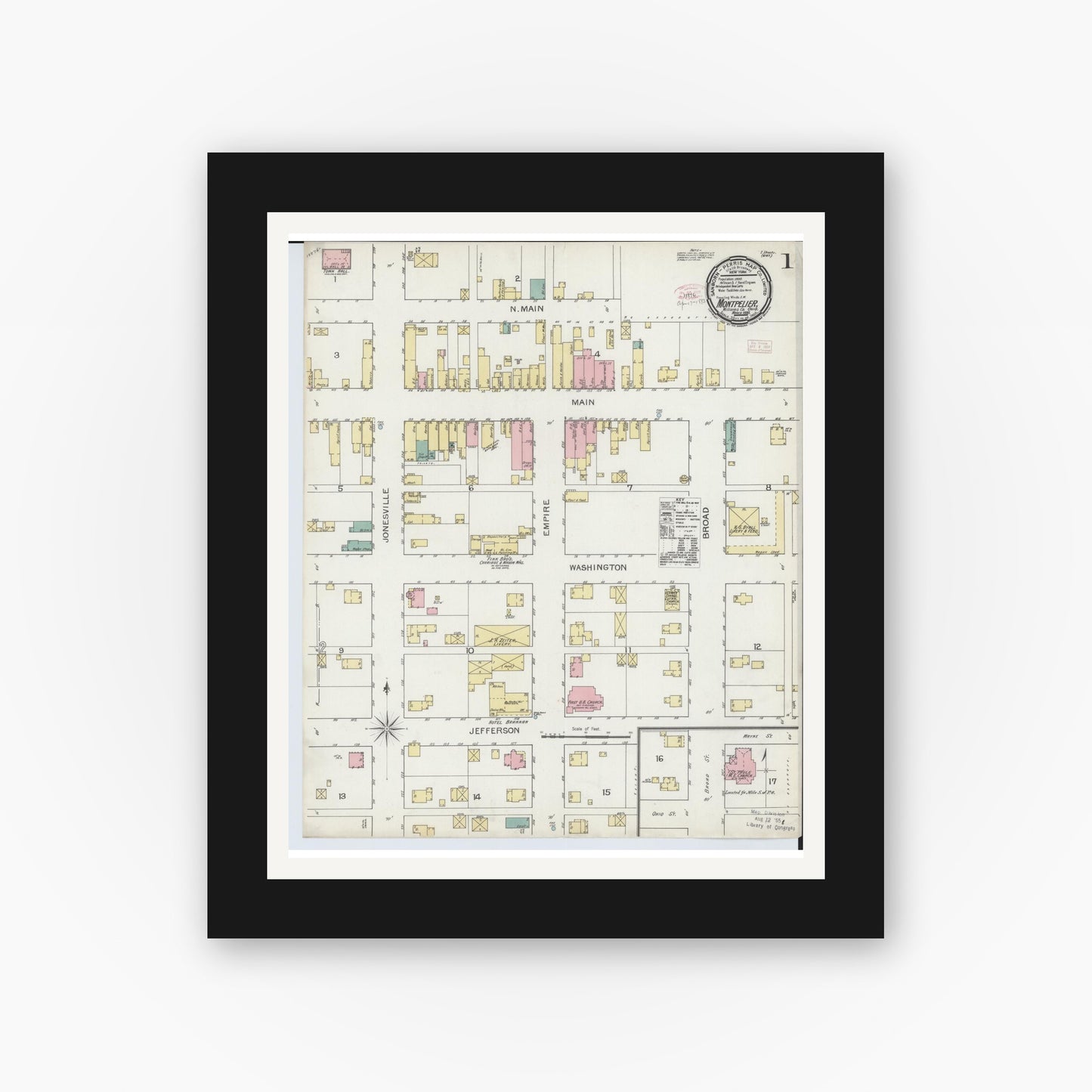 Old map wall art mockup — black gallery frame with white mat — Sanborn Fire Insurance Map from Montpelier, Williams County, Ohio (1893), Sheet #0001