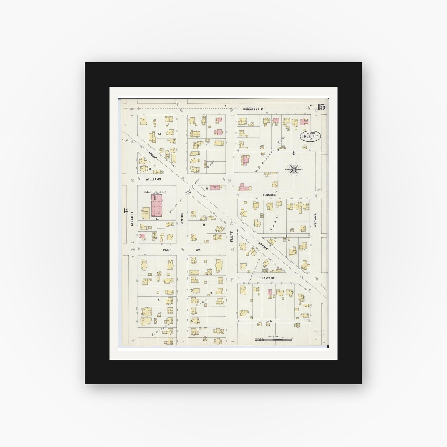 Old map wall art mockup — black gallery frame with white mat — Sanborn Fire Insurance Map from Freeport, Stephenson County, Illinois (1897), Sheet #0015