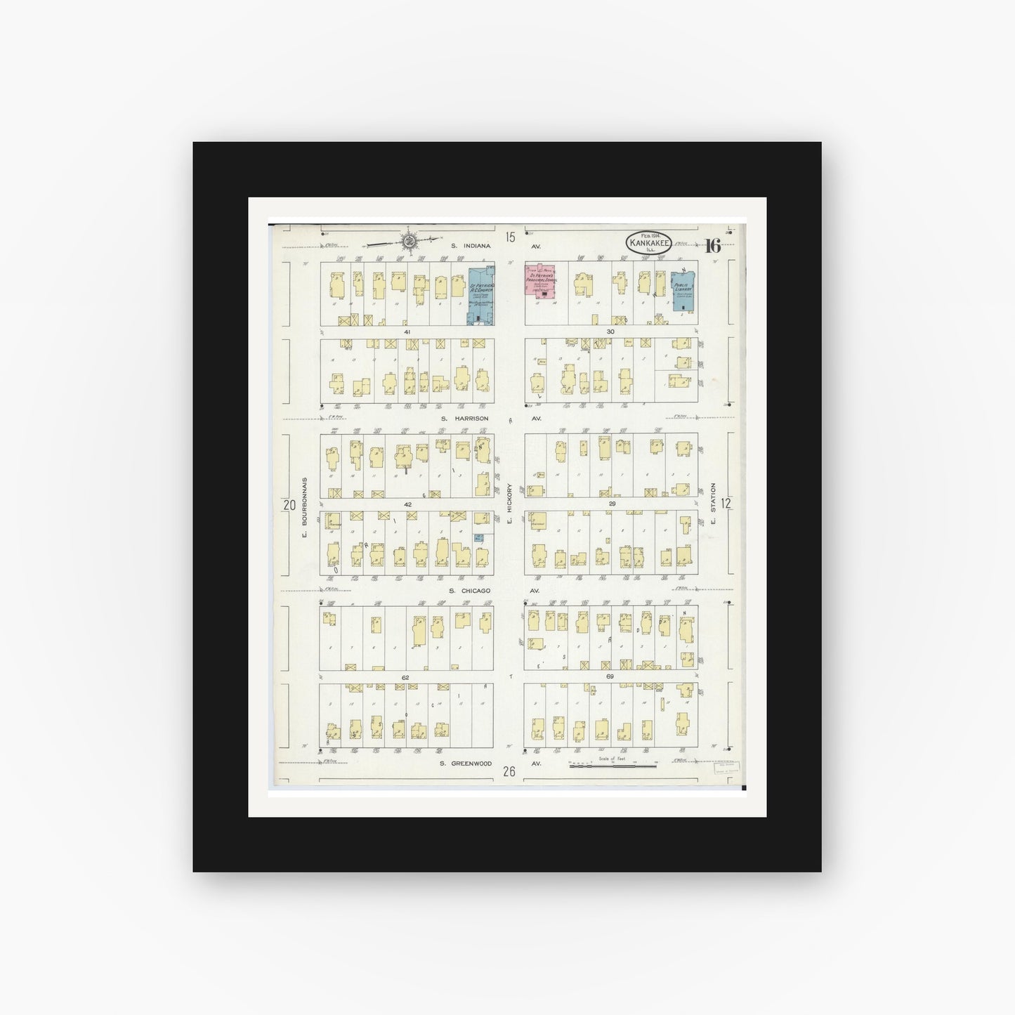 Old map wall art mockup — black gallery frame with white mat — Sanborn Fire Insurance Map from Kankakee, Kankakee County, Illinois (1914), Sheet #0016