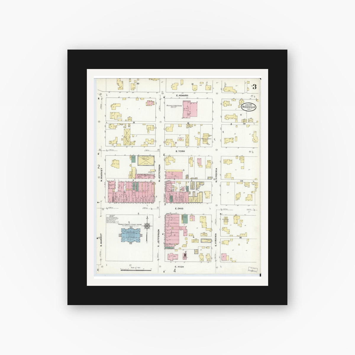 Old map wall art mockup — black gallery frame with white mat — Sanborn Fire Insurance Map from Rockville, Parke County, Indiana (1910), Sheet #0003