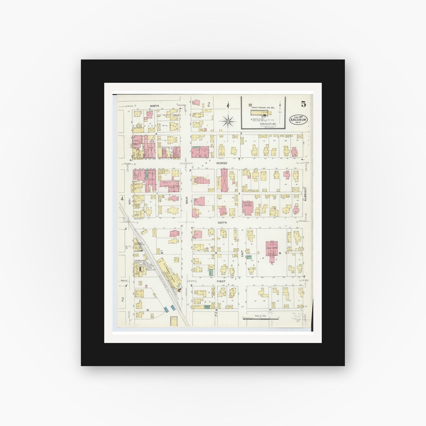 Old map wall art mockup — black gallery frame with white mat — Sanborn Fire Insurance Map from Arcanum, Darke County, Ohio (1907), Sheet #0005