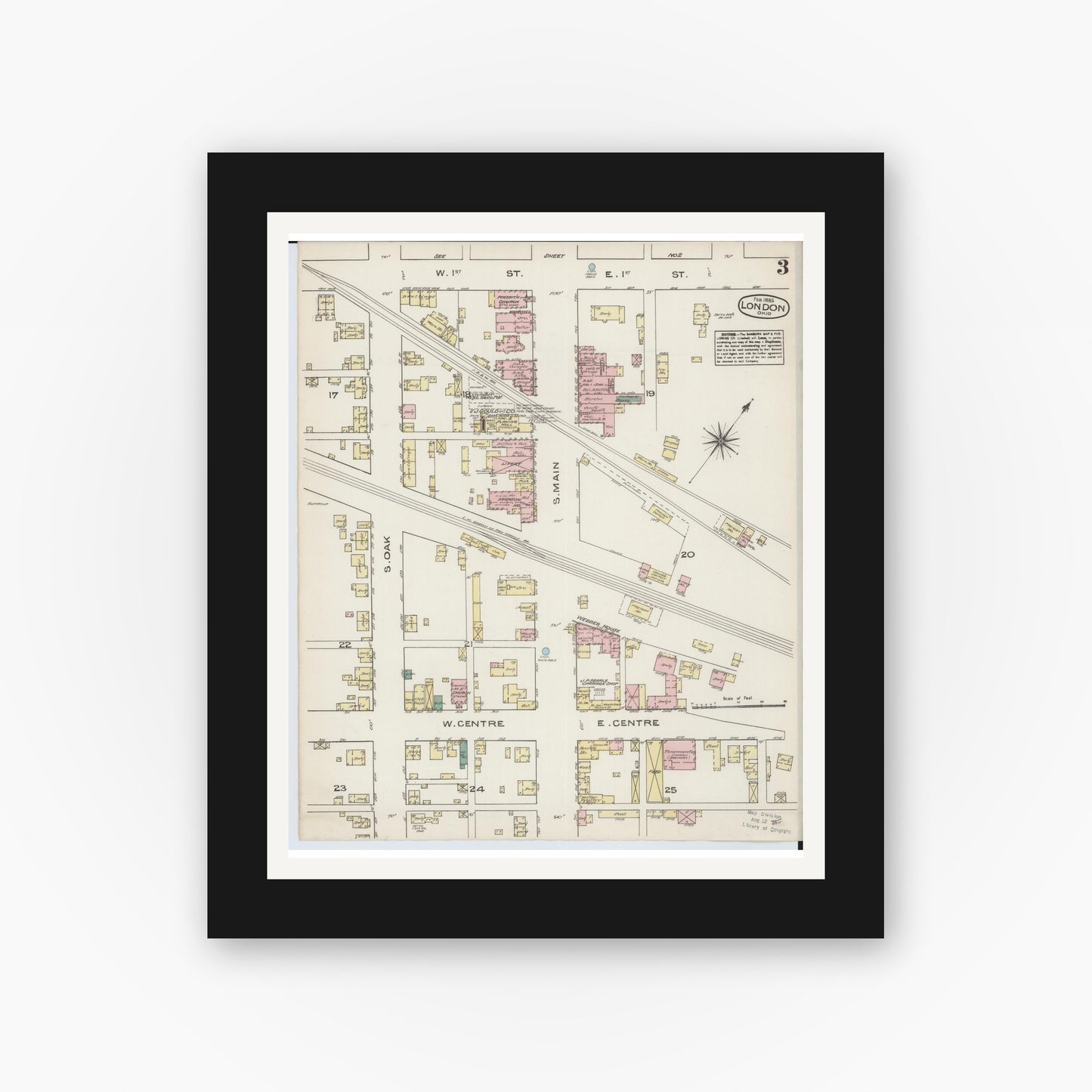 Old map wall art mockup — black gallery frame with white mat — Sanborn Fire Insurance Map from London, Madison County, Ohio (1885), Sheet #0003