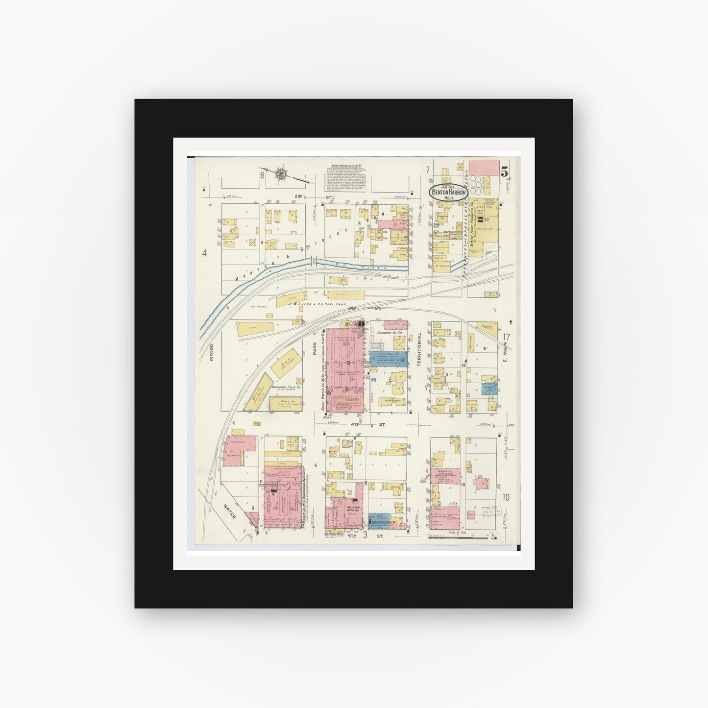 Old map wall art mockup — black gallery frame with white mat — Sanborn Fire Insurance Map from Benton Harbor, Berrien County, Michigan (1917), Sheet #0005