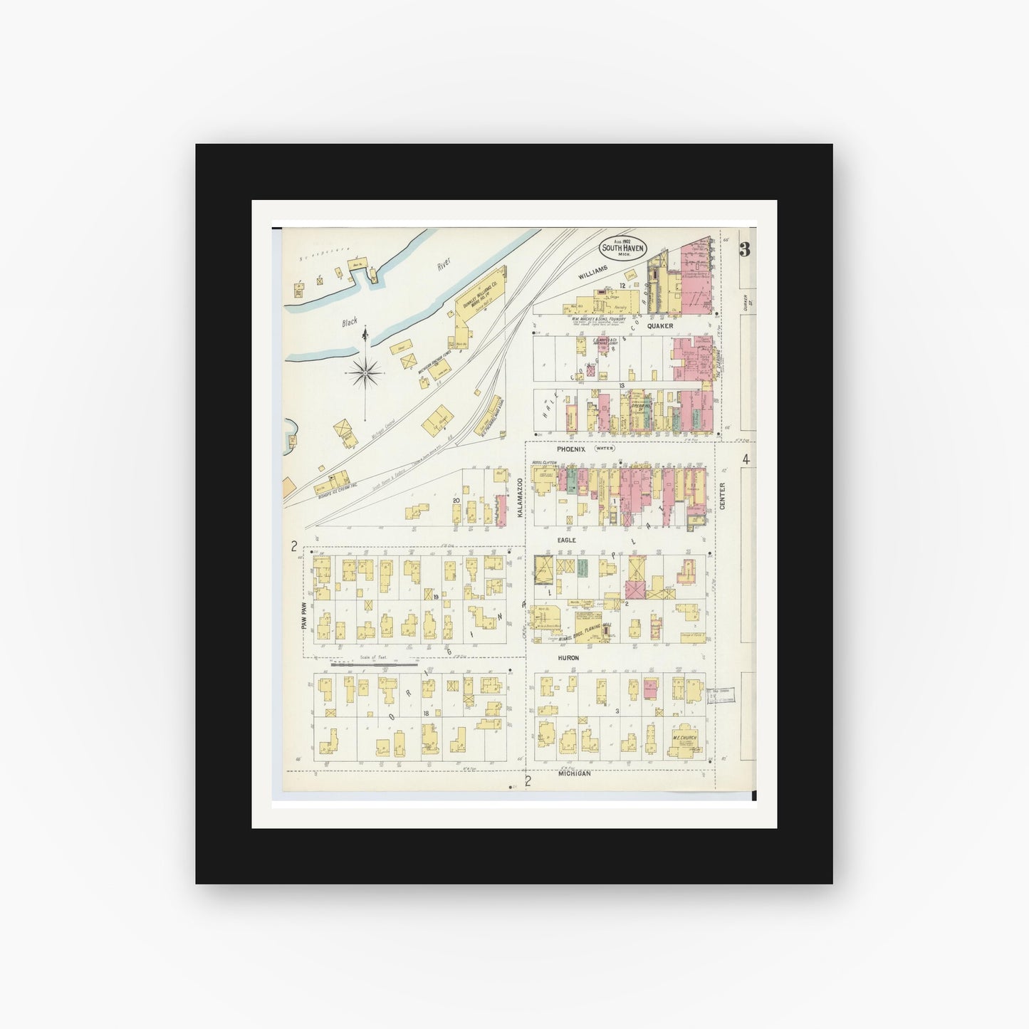 Old map wall art mockup — black gallery frame with white mat — Sanborn Fire Insurance Map from South Haven, Van Buren County, Michigan (1902), Sheet #0003