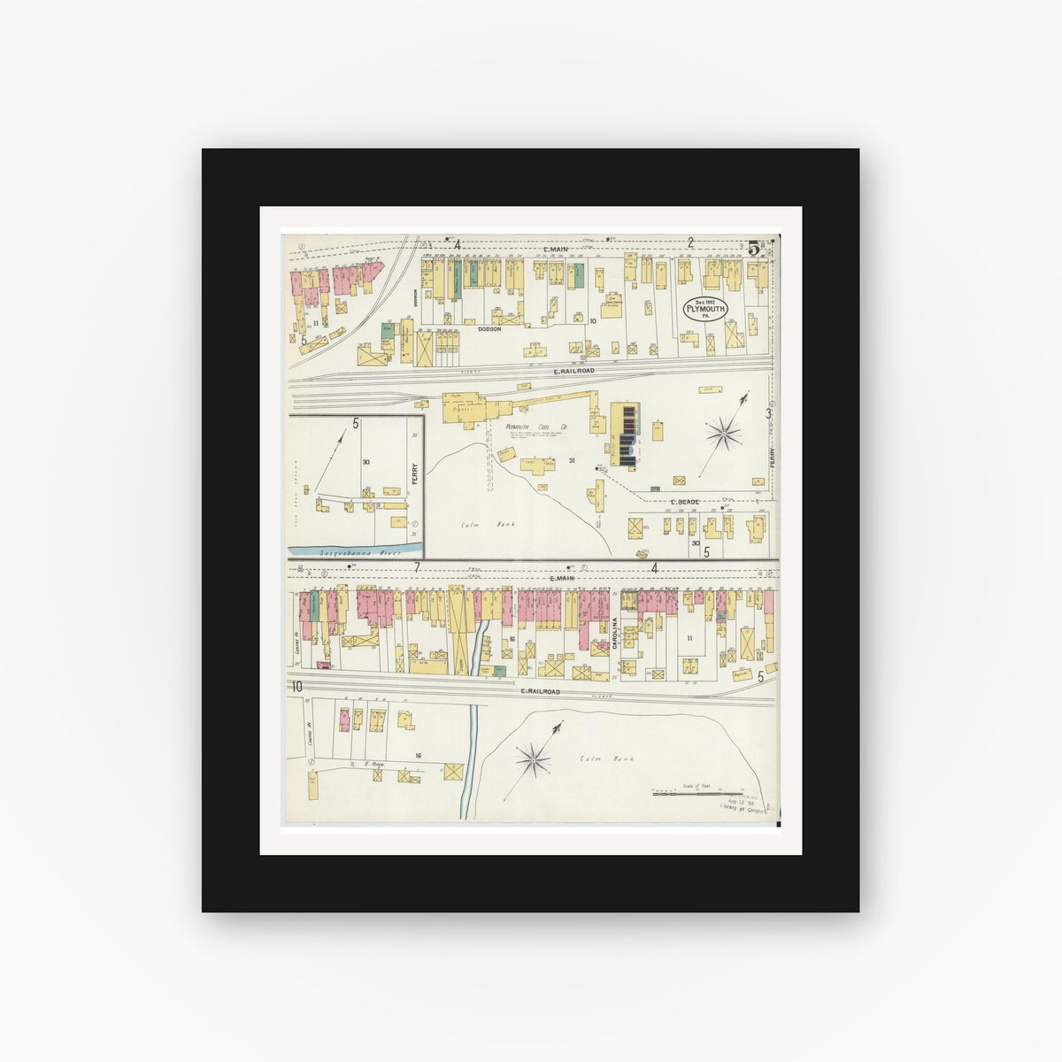 Old map wall art mockup — black gallery frame with white mat — Sanborn Fire Insurance Map from Plymouth, Luzerne County, Pennsylvania (1902), Sheet #0005