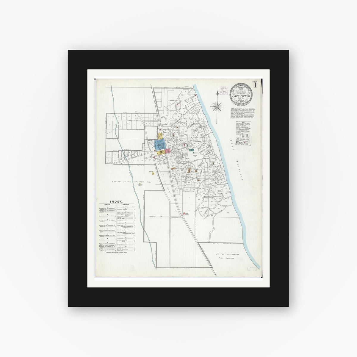 Old map wall art mockup — black gallery frame with white mat — Sanborn Fire Insurance Map from Lake Forest, Lake County, Illinois (1904) - Complete Map Set