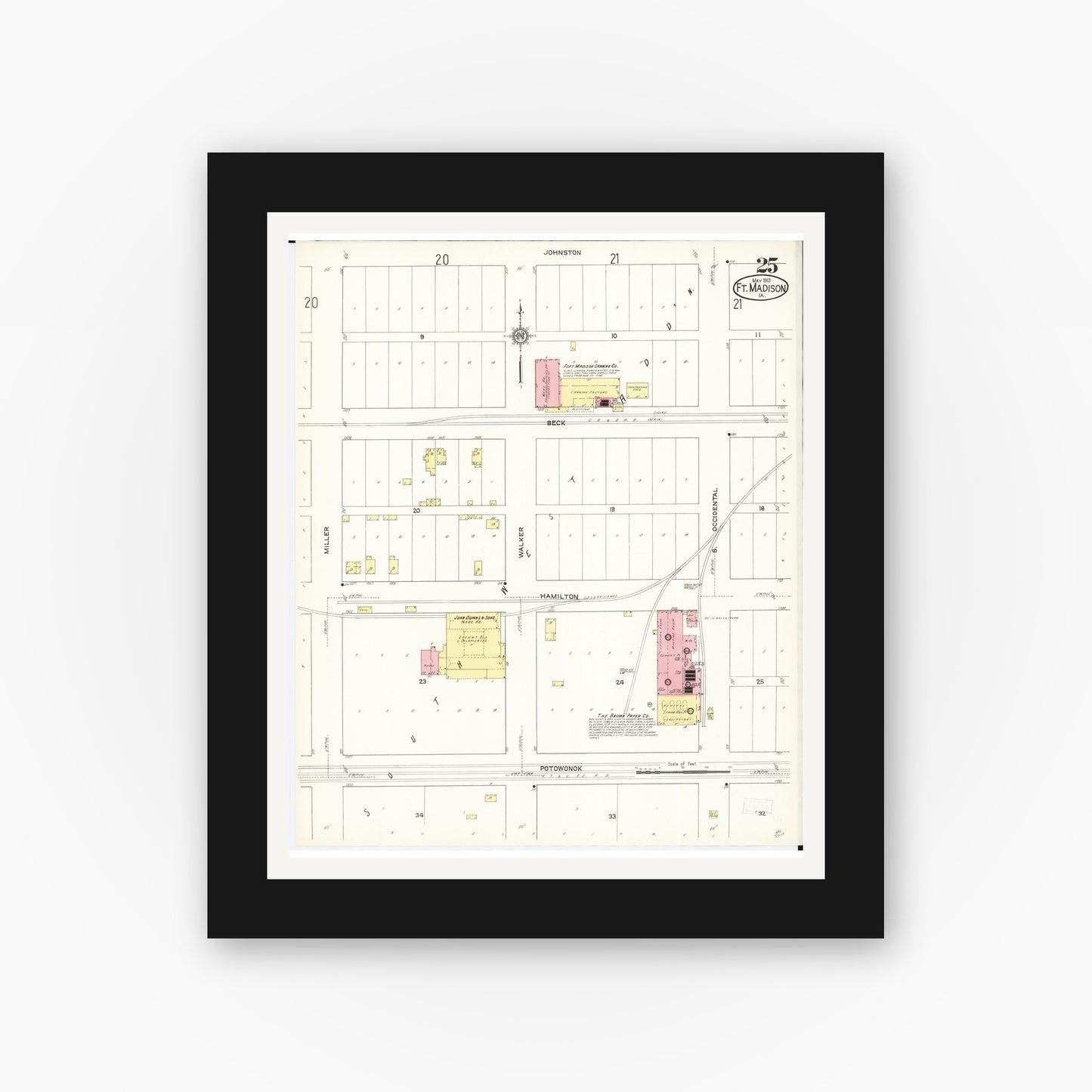 Old map wall art mockup — black gallery frame with white mat — Sanborn Fire Insurance Map from Fort Madison, Lee County, Iowa (1913), Sheet #0025