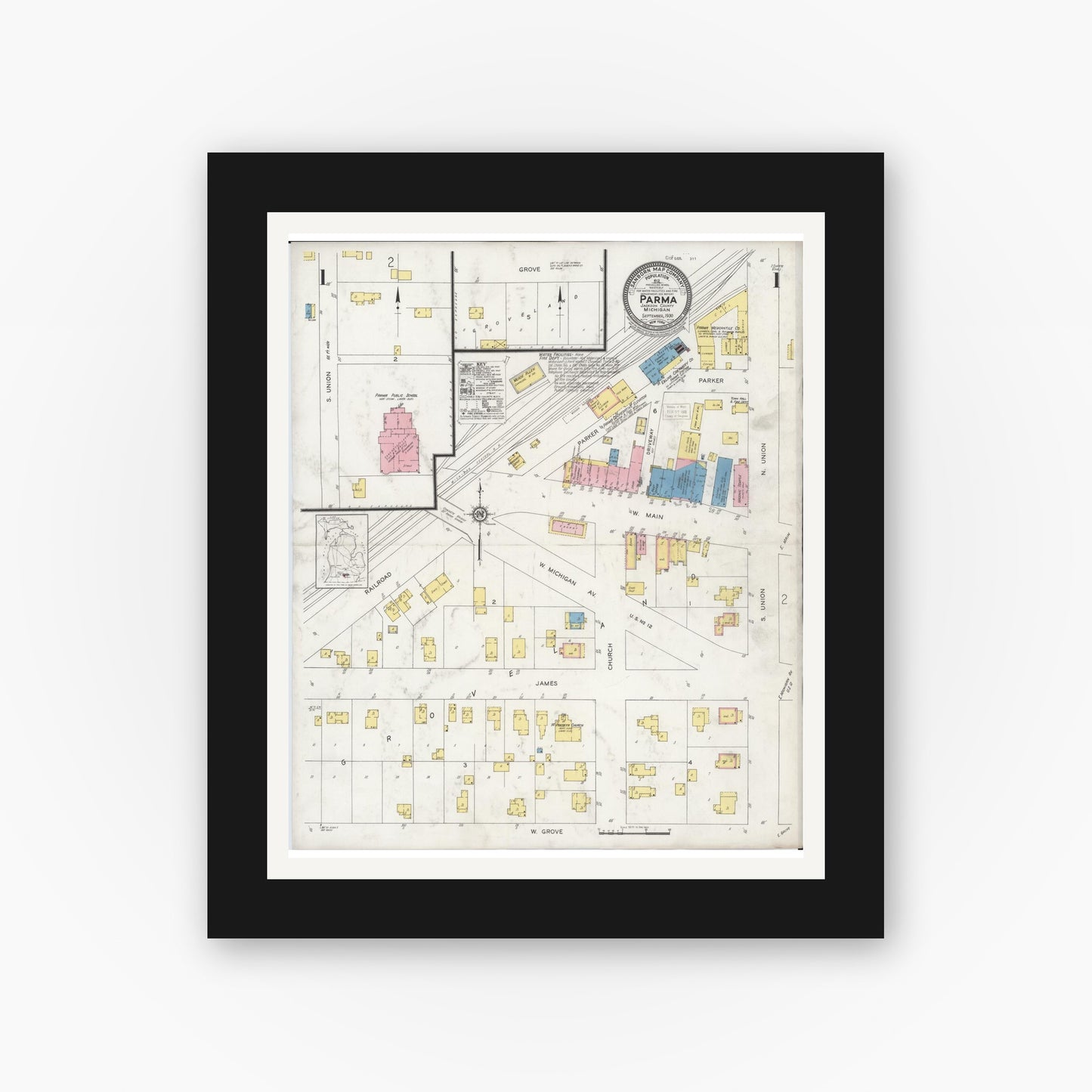 Old map wall art mockup — black gallery frame with white mat — Sanborn Fire Insurance Map from Parma, Jackson County, Michigan (1930) - Complete Map Set