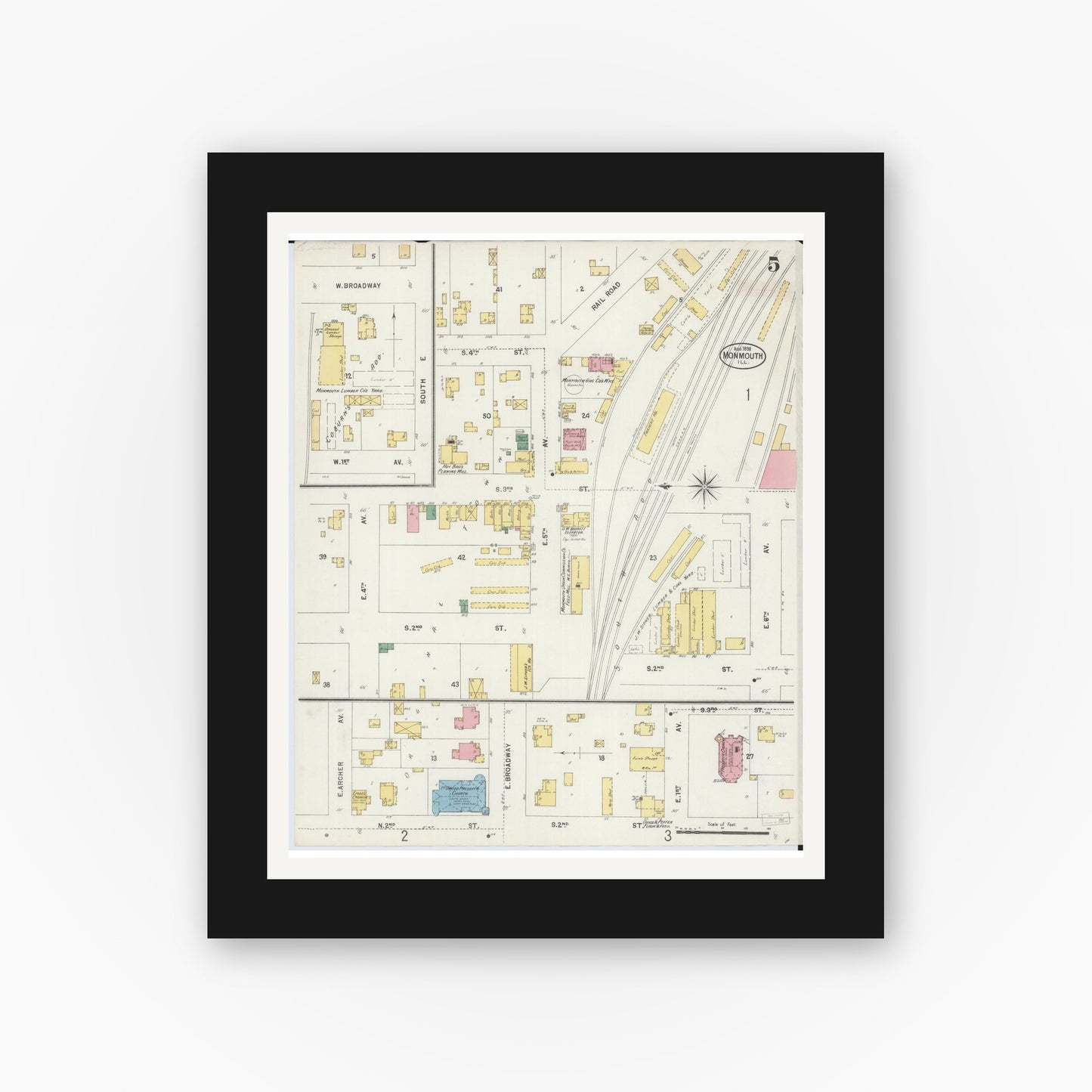 Old map wall art mockup — black gallery frame with white mat — Sanborn Fire Insurance Map from Monmouth, Warren County, Illinois (1898), Sheet #0005
