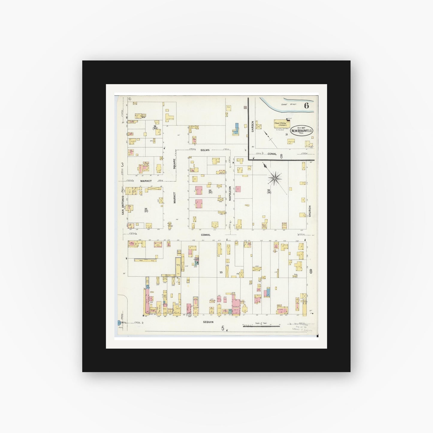 Old map wall art mockup — black gallery frame with white mat — Sanborn Fire Insurance Map from New Braunfels, Comal County, Texas (1907), Sheet #0006