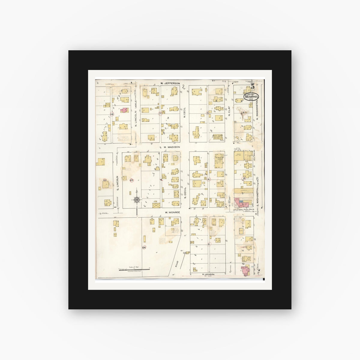 Old map wall art mockup — black gallery frame with white mat — Sanborn Fire Insurance Map from Memphis, Scotland County, Missouri (1936), Sheet #0005