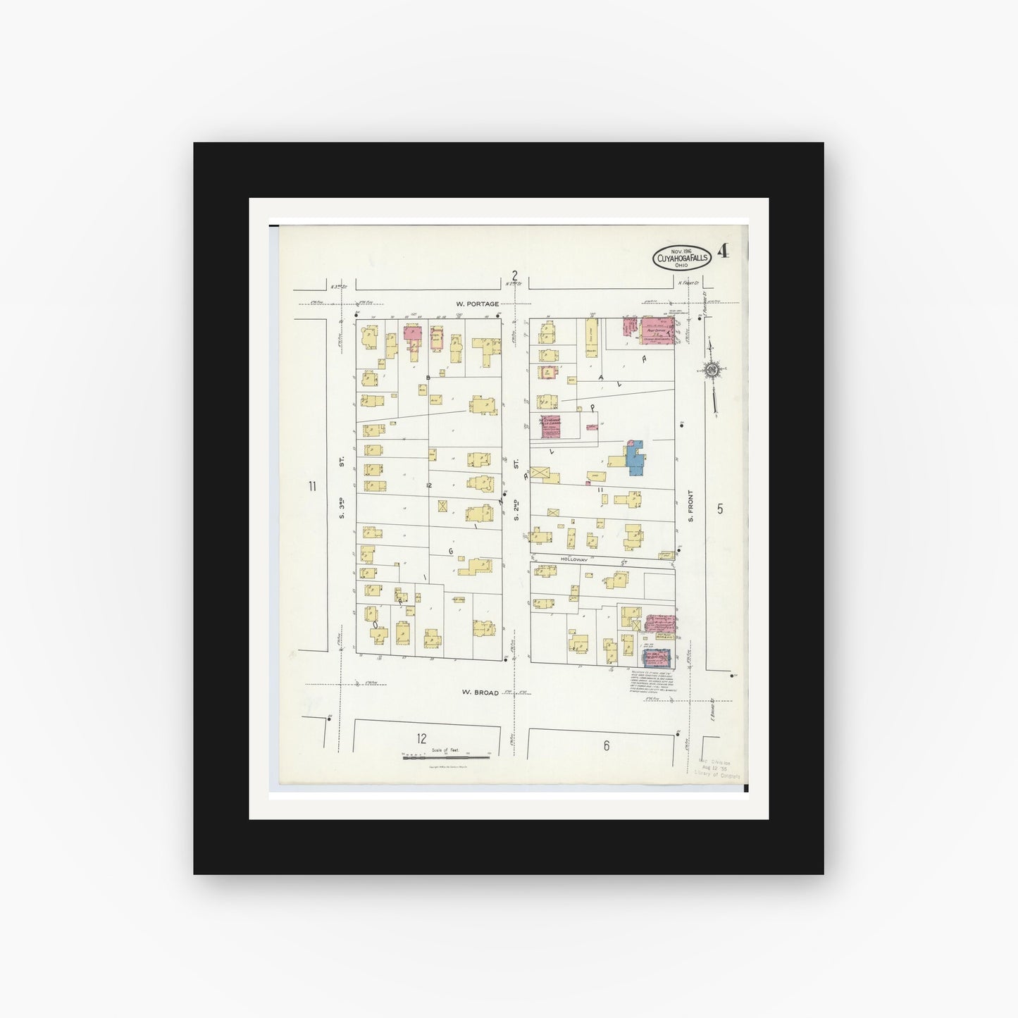 Old map wall art mockup — black gallery frame with white mat — Sanborn Fire Insurance Map from Cuyahoga Falls, Summit County, Ohio (1916), Sheet #0004