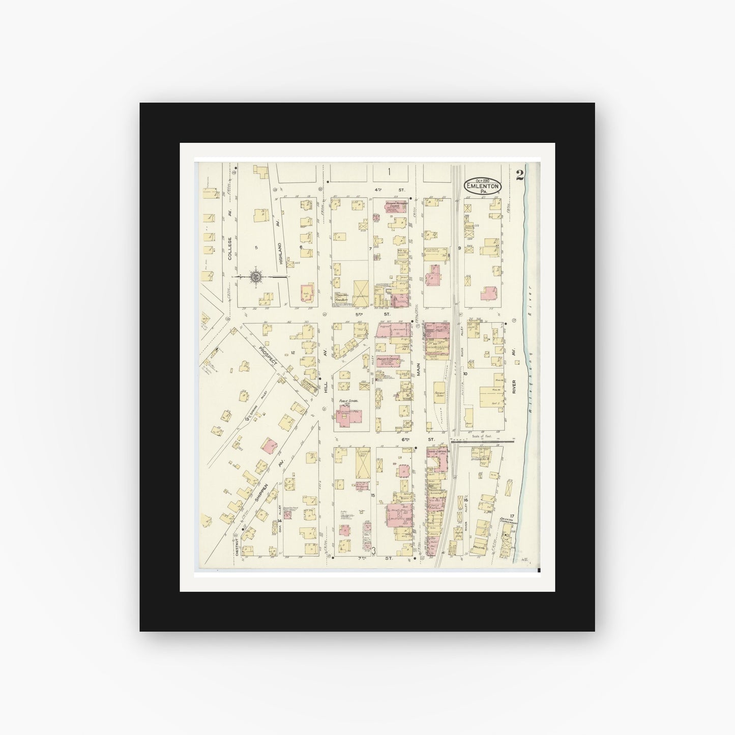 Old map wall art mockup — black gallery frame with white mat — Sanborn Fire Insurance Map from Emlenton, Venango County, Pennsylvania (1910), Sheet #0002