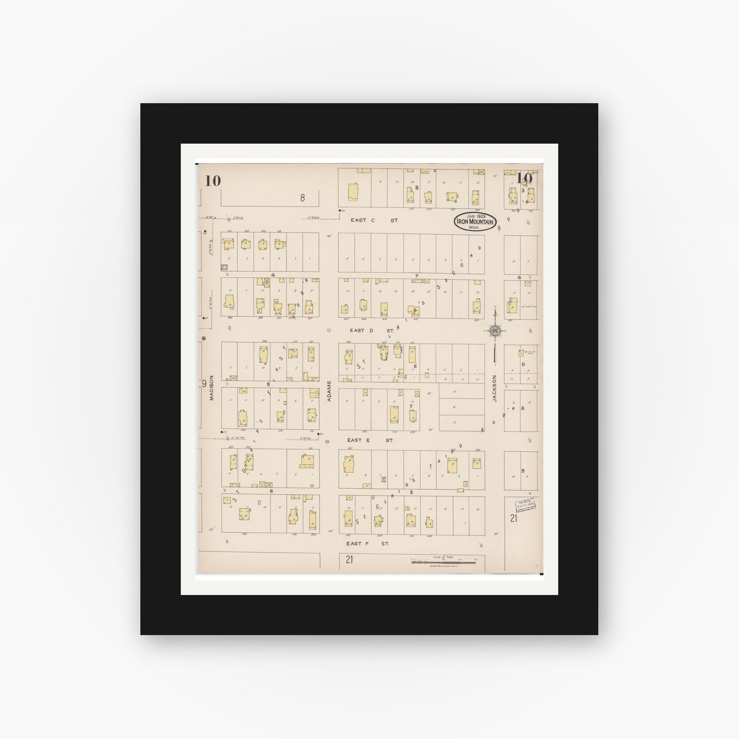 Old map wall art mockup — black gallery frame with white mat — Sanborn Fire Insurance Map from Iron Mountain, Dickinson County, Michigan (1923), Sheet #0010