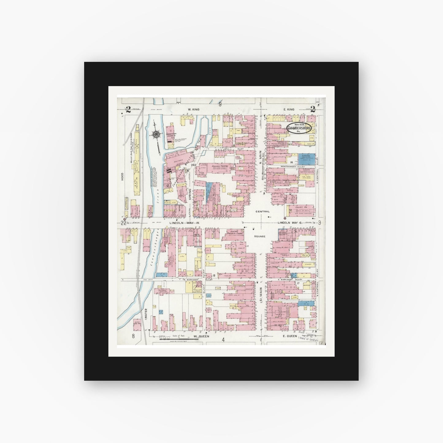 Old map wall art mockup — black gallery frame with white mat — Sanborn Fire Insurance Map from Chambersburg, Franklin County, Pennsylvania (1924), Sheet #0002