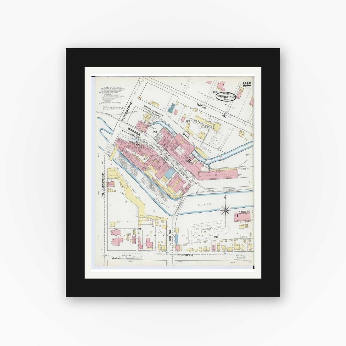 Old map wall art mockup — black gallery frame with white mat — Sanborn Fire Insurance Map from Springfield, Clark County, Ohio (1891), Sheet #0022