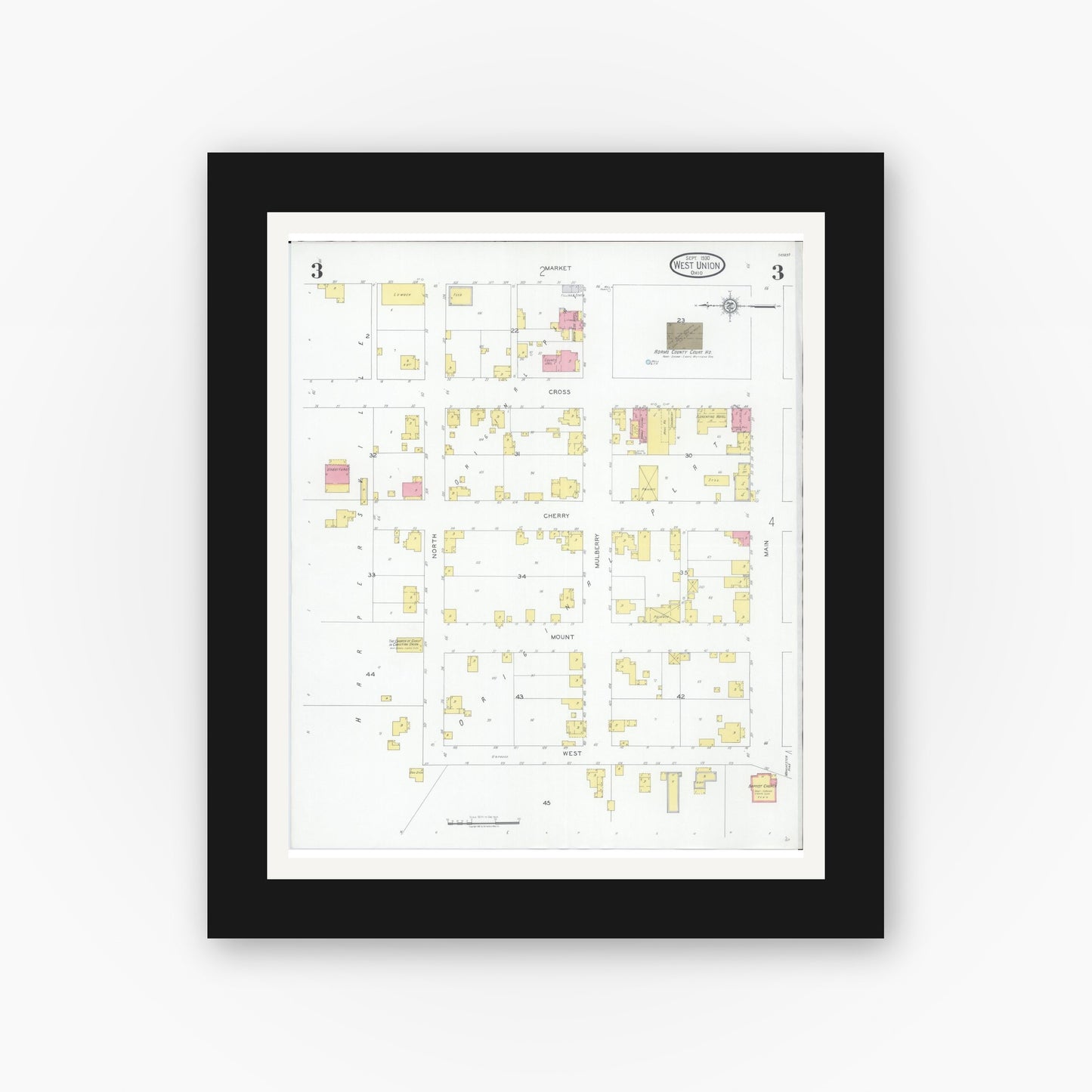 Old map wall art mockup — black gallery frame with white mat — Sanborn Fire Insurance Map from West Union, Adams County, Ohio (1930), Sheet #0003