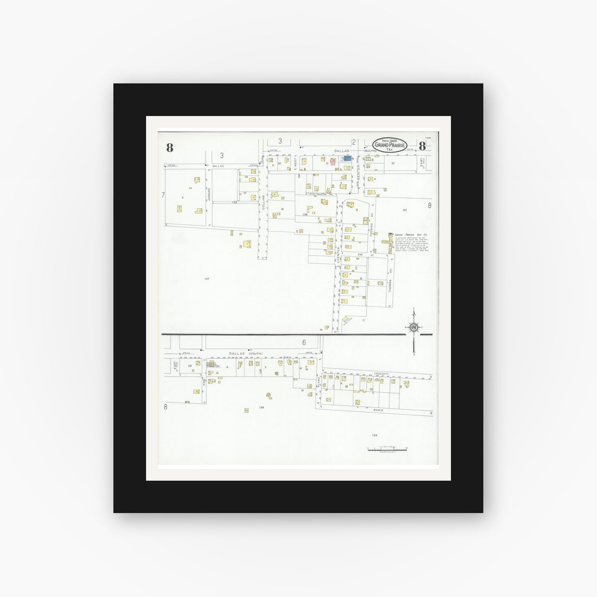 Old map wall art mockup — black gallery frame with white mat — Sanborn Fire Insurance Map from Grand Prairie, Dallas County, Texas (1929), Sheet #0008
