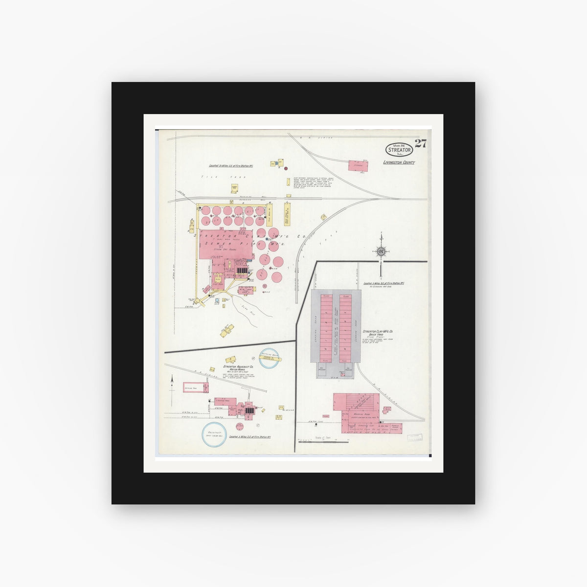 Old map wall art mockup — black gallery frame with white mat — Sanborn Fire Insurance Map from Streator, La Salle County, Illinois (1916), Sheet #0027
