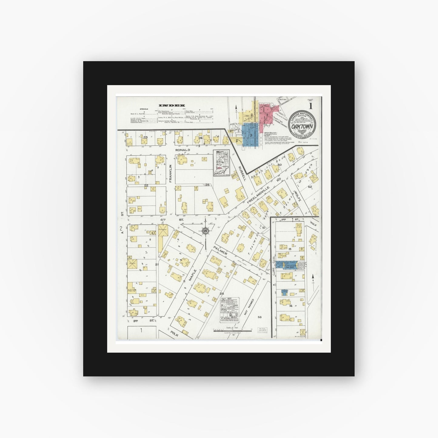 Old map wall art mockup — black gallery frame with white mat — Sanborn Fire Insurance Map from Oaktown, Knox County, Indiana (1921) - Complete Map Set