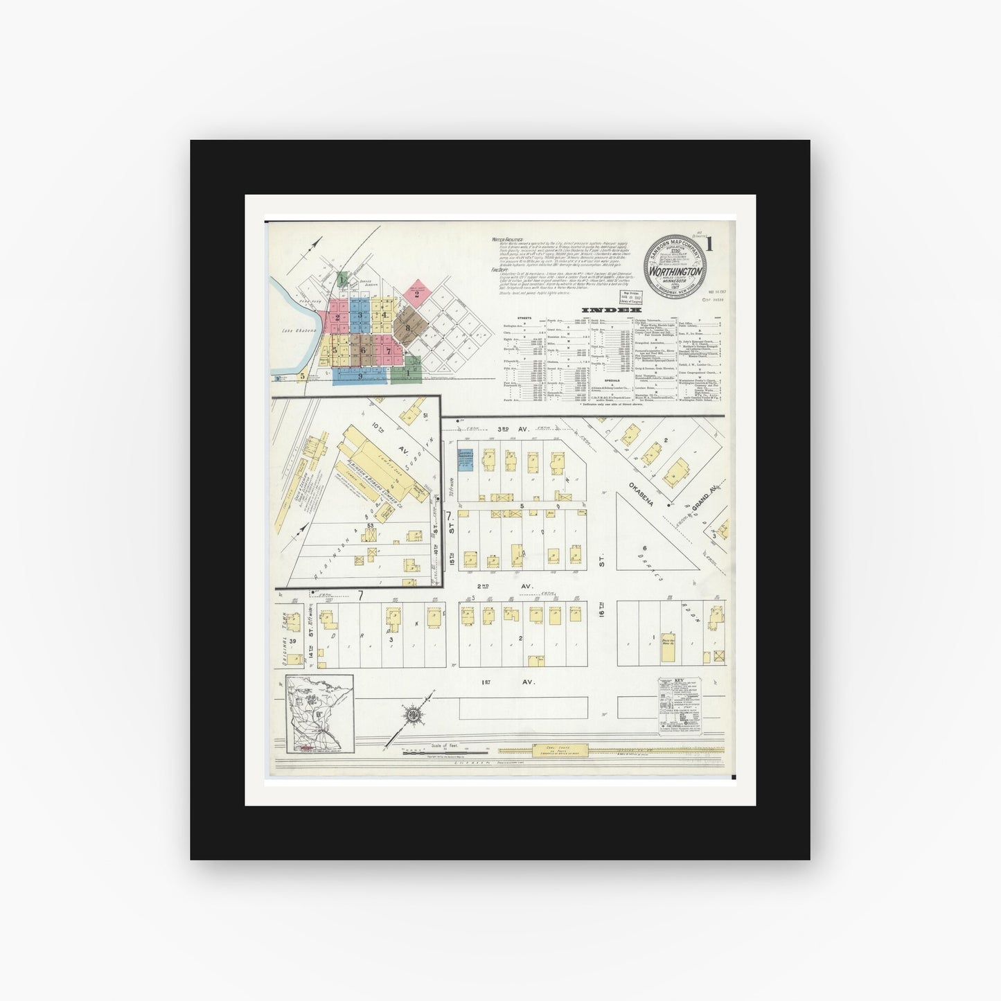 Old map wall art mockup — black gallery frame with white mat — Sanborn Fire Insurance Map from Worthington, Nobles County, Minnesota (1917) - Complete Map Set