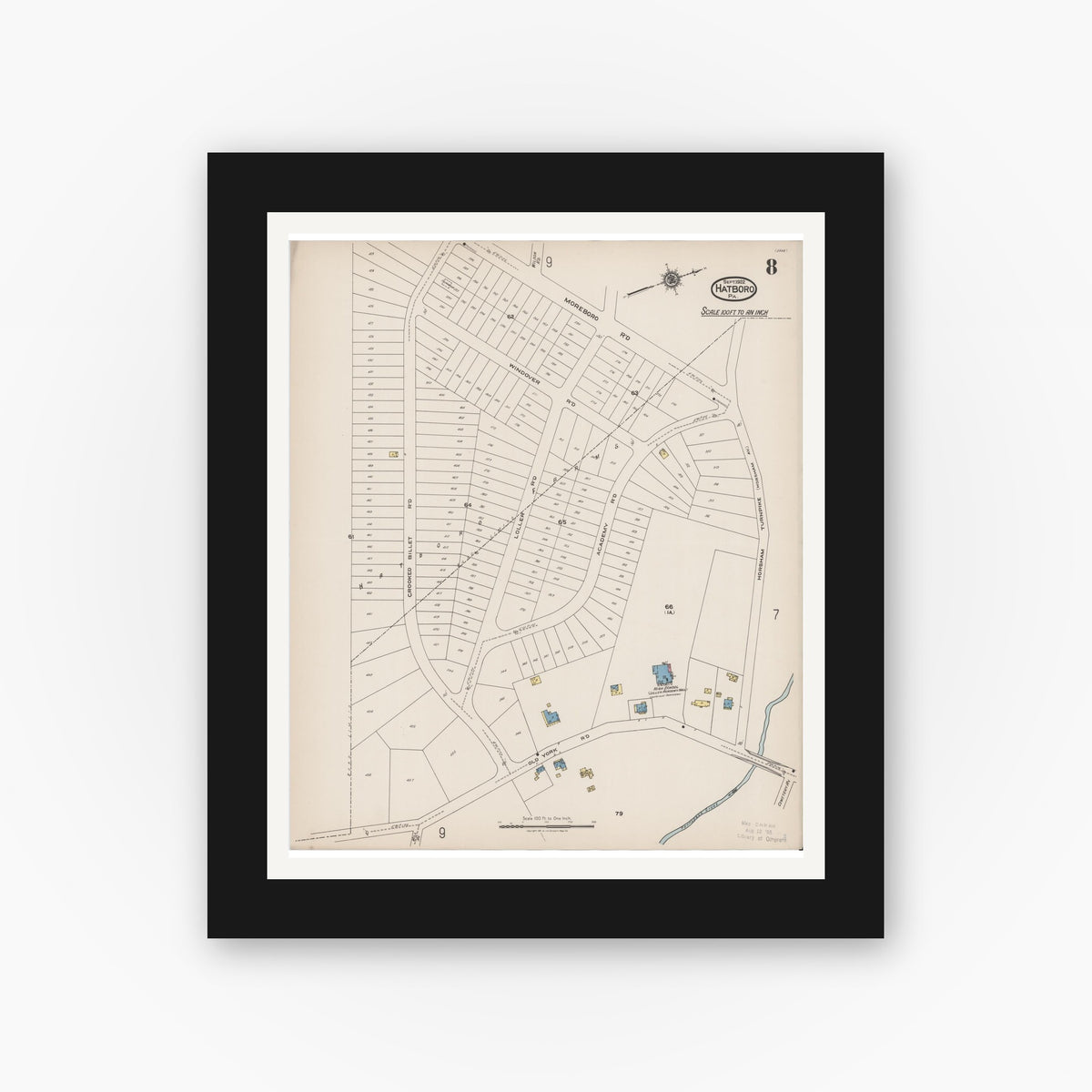 Old map wall art mockup — black gallery frame with white mat — Sanborn Fire Insurance Map from Hatboro, Montgomery County, Pennsylvania (1922), Sheet #0008