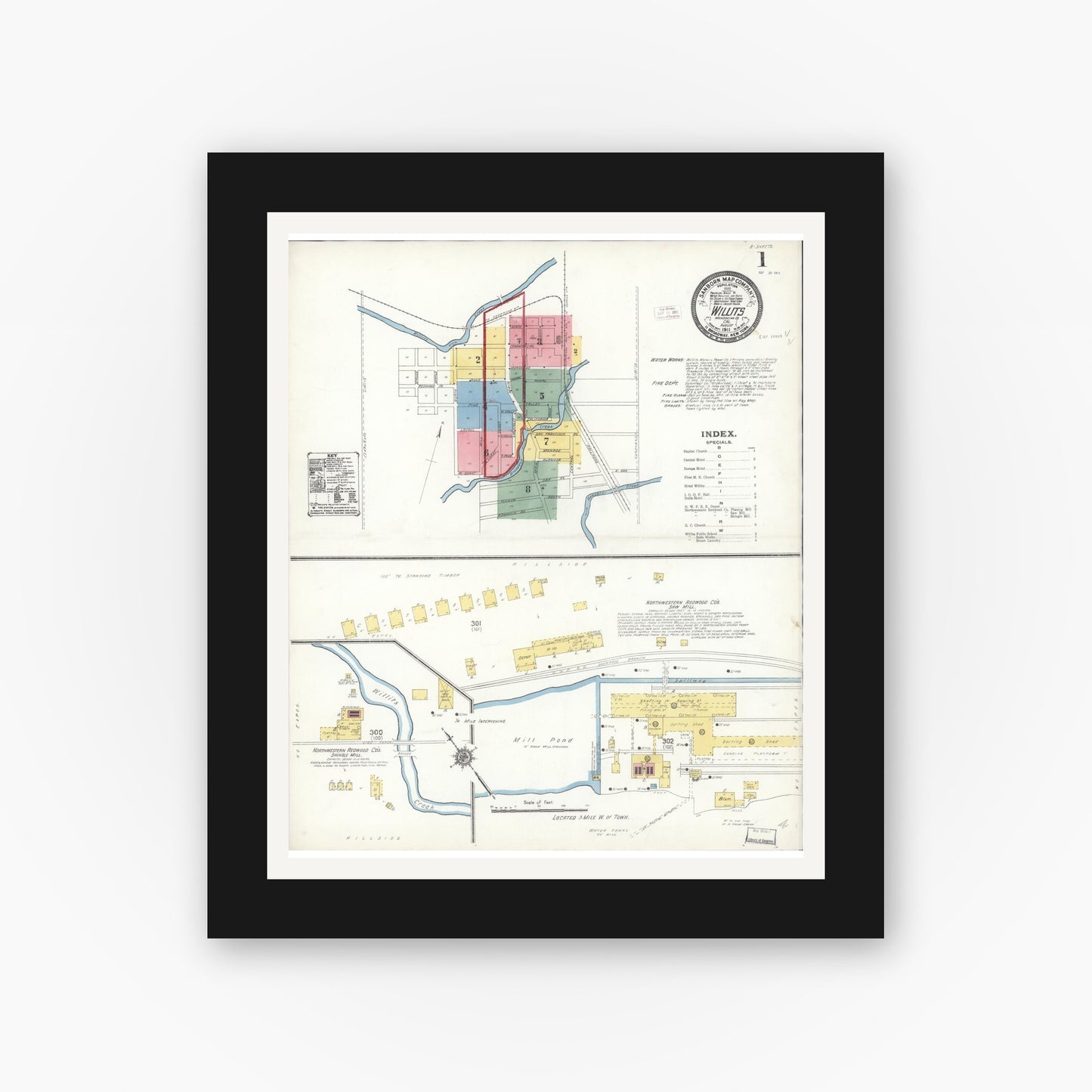Old map wall art mockup — black gallery frame with white mat — Sanborn Fire Insurance Map from Willits, Mendocino County, California (1911) - Complete Map Set