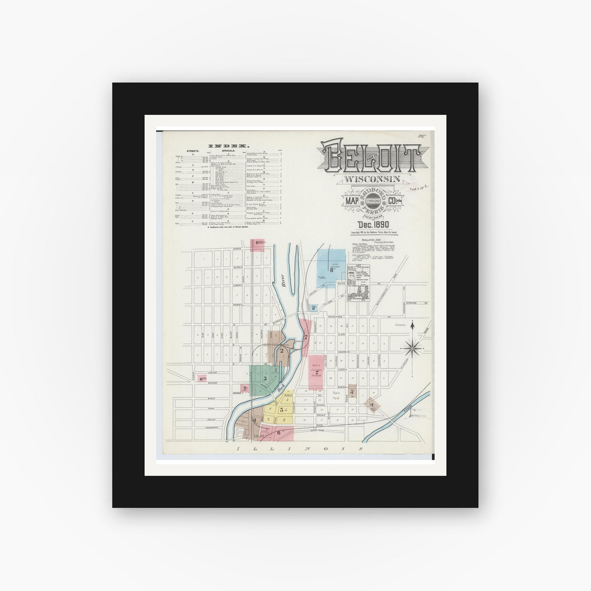 Old map wall art mockup — black gallery frame with white mat — Sanborn Fire Insurance Map from Beloit, Rock County, Wisconsin (1890), Sheet #0001