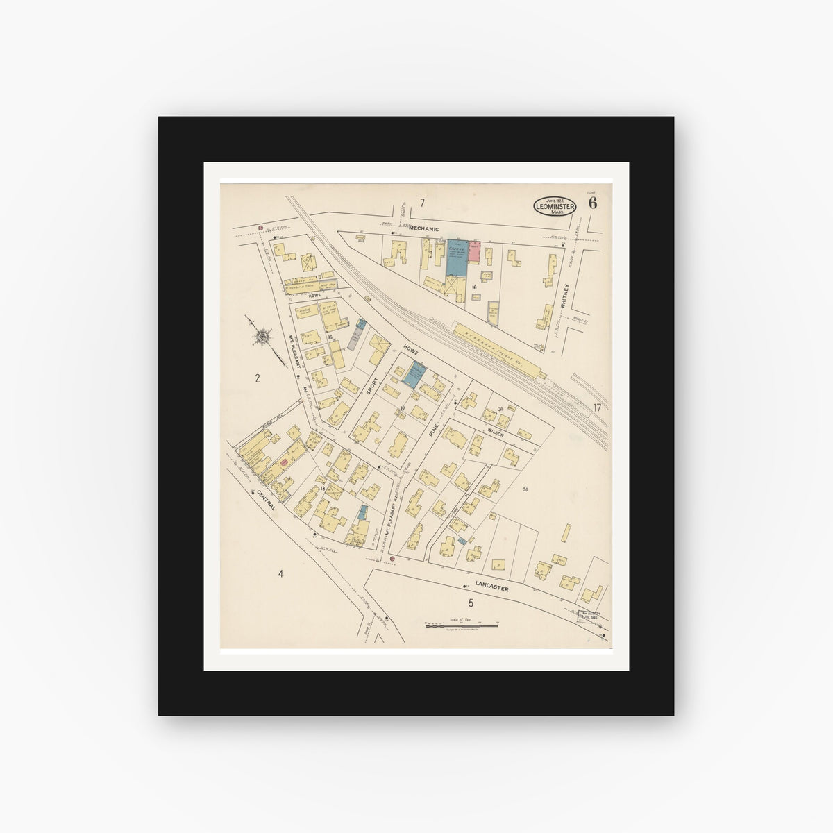 Old map wall art mockup — black gallery frame with white mat — Sanborn Fire Insurance Map from Leominster, Worcester County, Massachusetts (1922), Sheet #0006