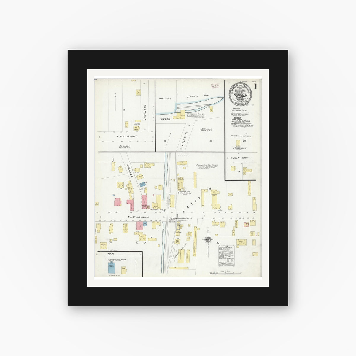 Old map wall art mockup — black gallery frame with white mat — Sanborn Fire Insurance Map from Fredonia, Ozaukee County, Wisconsin (1910) - Complete Map Set