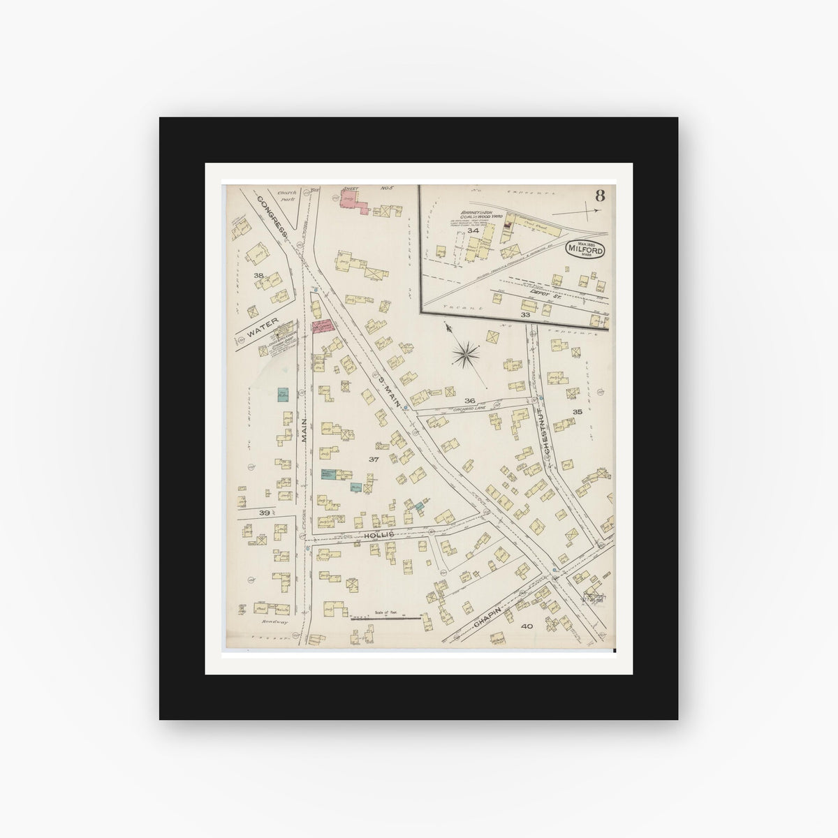 Old map wall art mockup — black gallery frame with white mat — Sanborn Fire Insurance Map from Milford, Worcester County, Massachusetts (1885), Sheet #0008