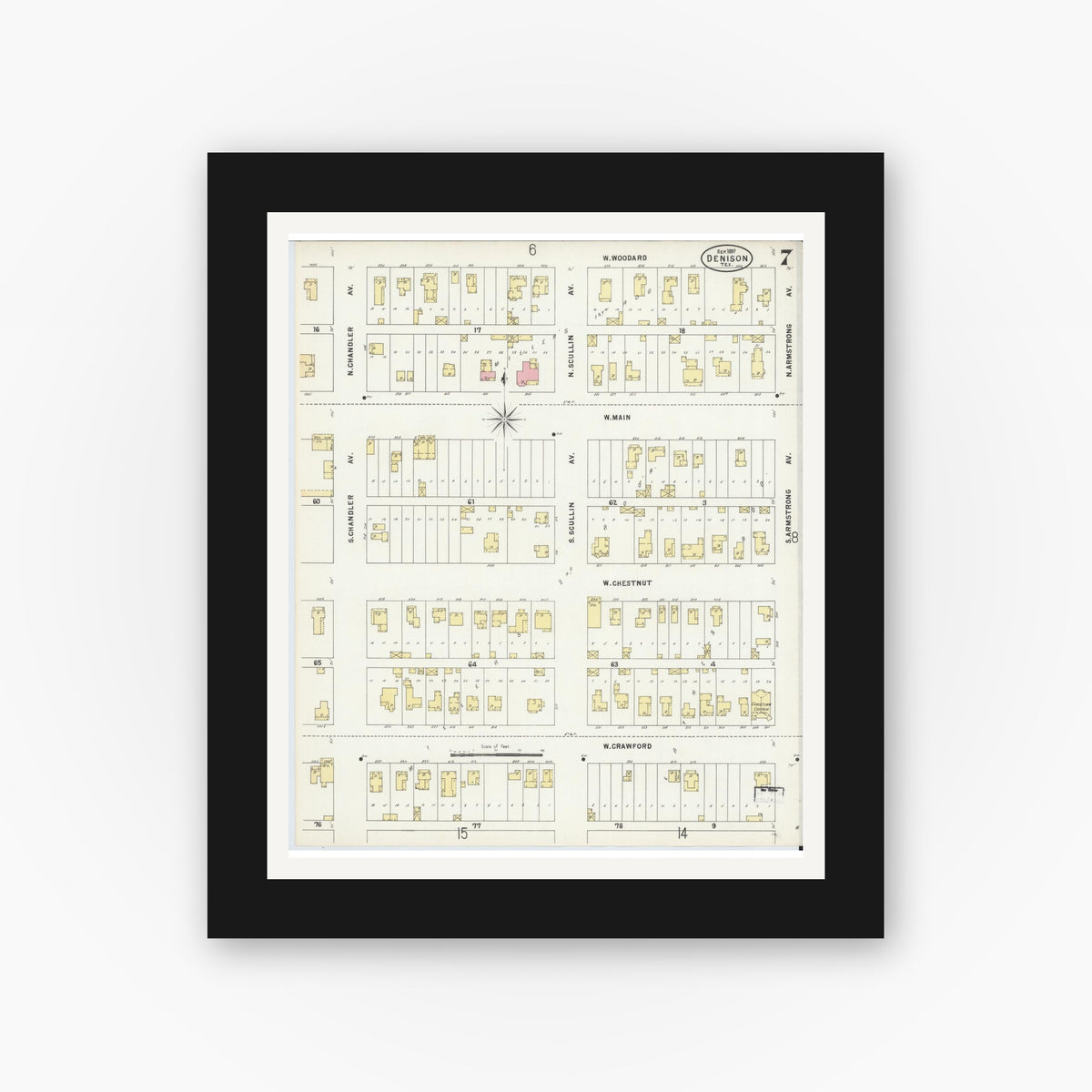 Old map wall art mockup — black gallery frame with white mat — Sanborn Fire Insurance Map from Denison, Grayson County, Texas (1897), Sheet #0007