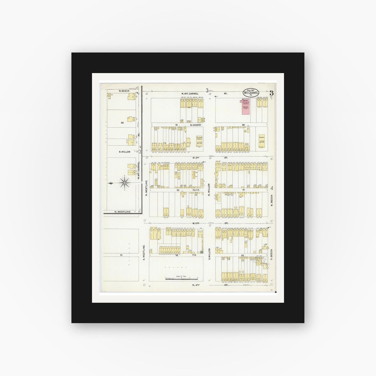 Old map wall art mockup — black gallery frame with white mat — Sanborn Fire Insurance Map from Mount Carmel, Northumberland County, Pennsylvania (1907), Sheet #0003