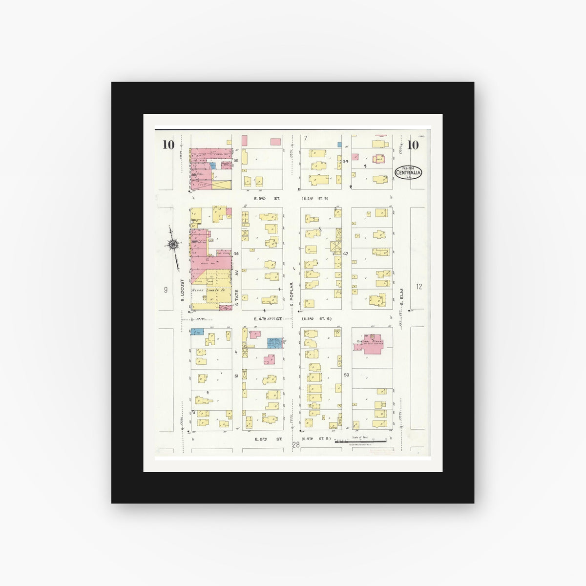 Old map wall art mockup — black gallery frame with white mat — Sanborn Fire Insurance Map from Centralia, Marion, Clinton, Jefferson, and Washington Counties, Illinois (1924), Sheet #0010