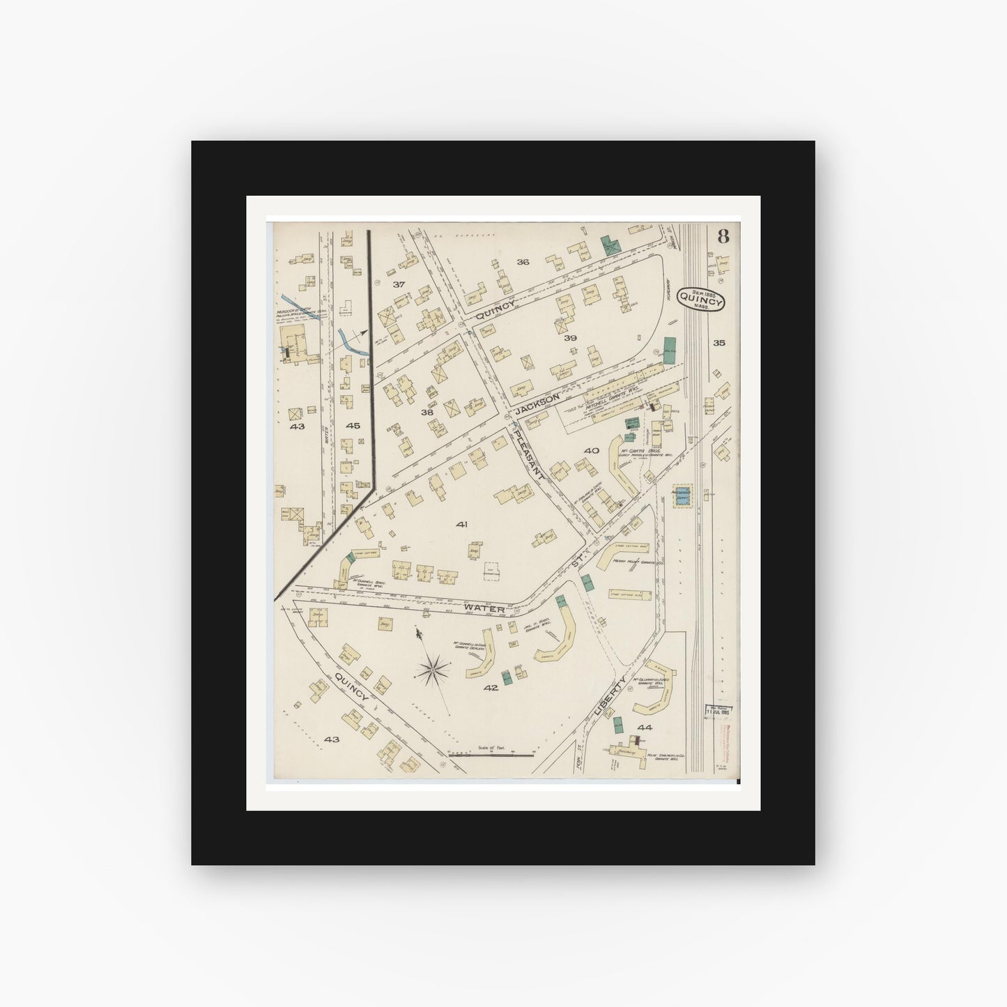 Old map wall art mockup — black gallery frame with white mat — Sanborn Fire Insurance Map from Quincy, Norfolk County, Massachusetts (1885), Sheet #0008
