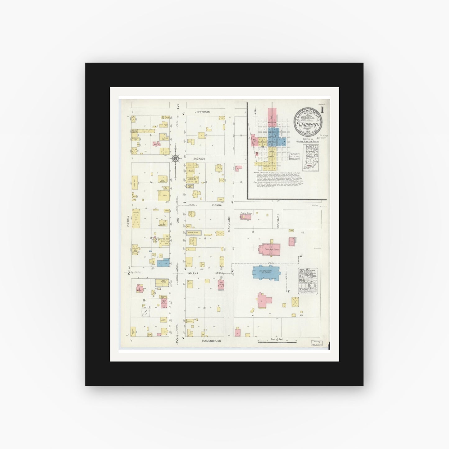 Old map wall art mockup — black gallery frame with white mat — Sanborn Fire Insurance Map from Ferdinand, Dubois County, Indiana (1916) - Complete Map Set