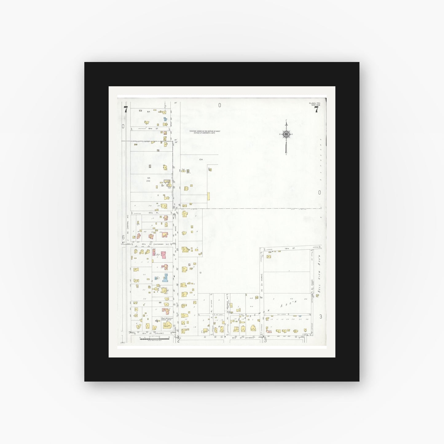 Old map wall art mockup — black gallery frame with white mat — Sanborn Fire Insurance Map from Plano, Collin County, Texas (1949), Sheet #0007