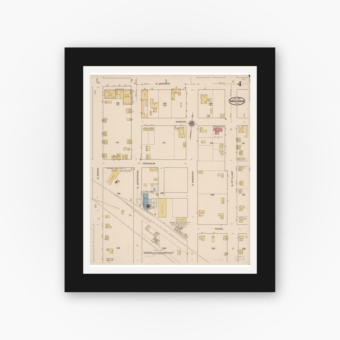 Old map wall art mockup — black gallery frame with white mat — Sanborn Fire Insurance Map from Marianna, Jackson County, Florida (1922), Sheet #0004