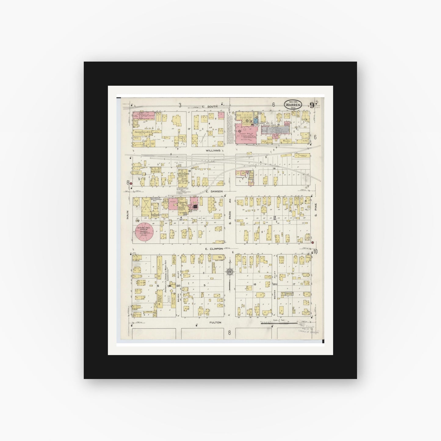 Old map wall art mockup — black gallery frame with white mat — Sanborn Fire Insurance Map from Warren, Trumbull County, Ohio (1915), Sheet #0009