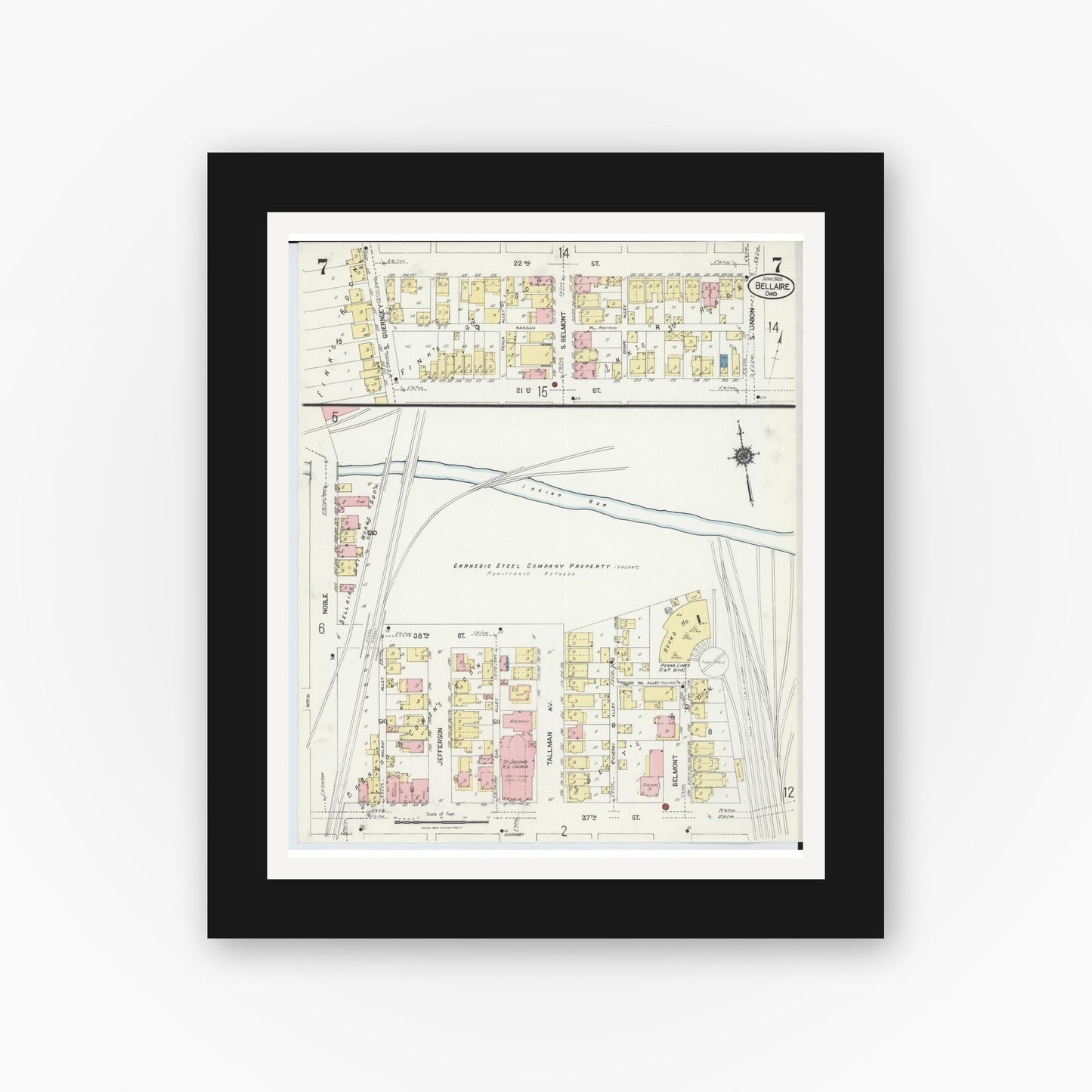 Old map wall art mockup — black gallery frame with white mat — Sanborn Fire Insurance Map from Bellaire, Belmont County, Ohio (1924), Sheet #0007