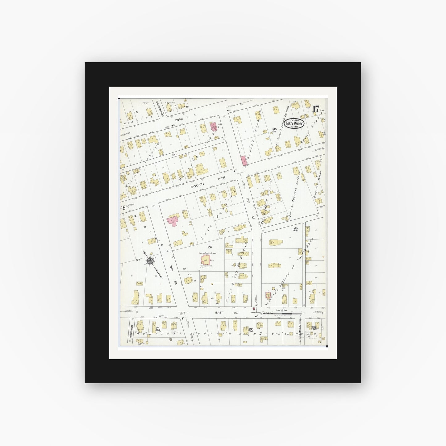 Old map wall art mockup — black gallery frame with white mat — Sanborn Fire Insurance Map from Red Wing, Goodhue County, Minnesota (1917), Sheet #0017