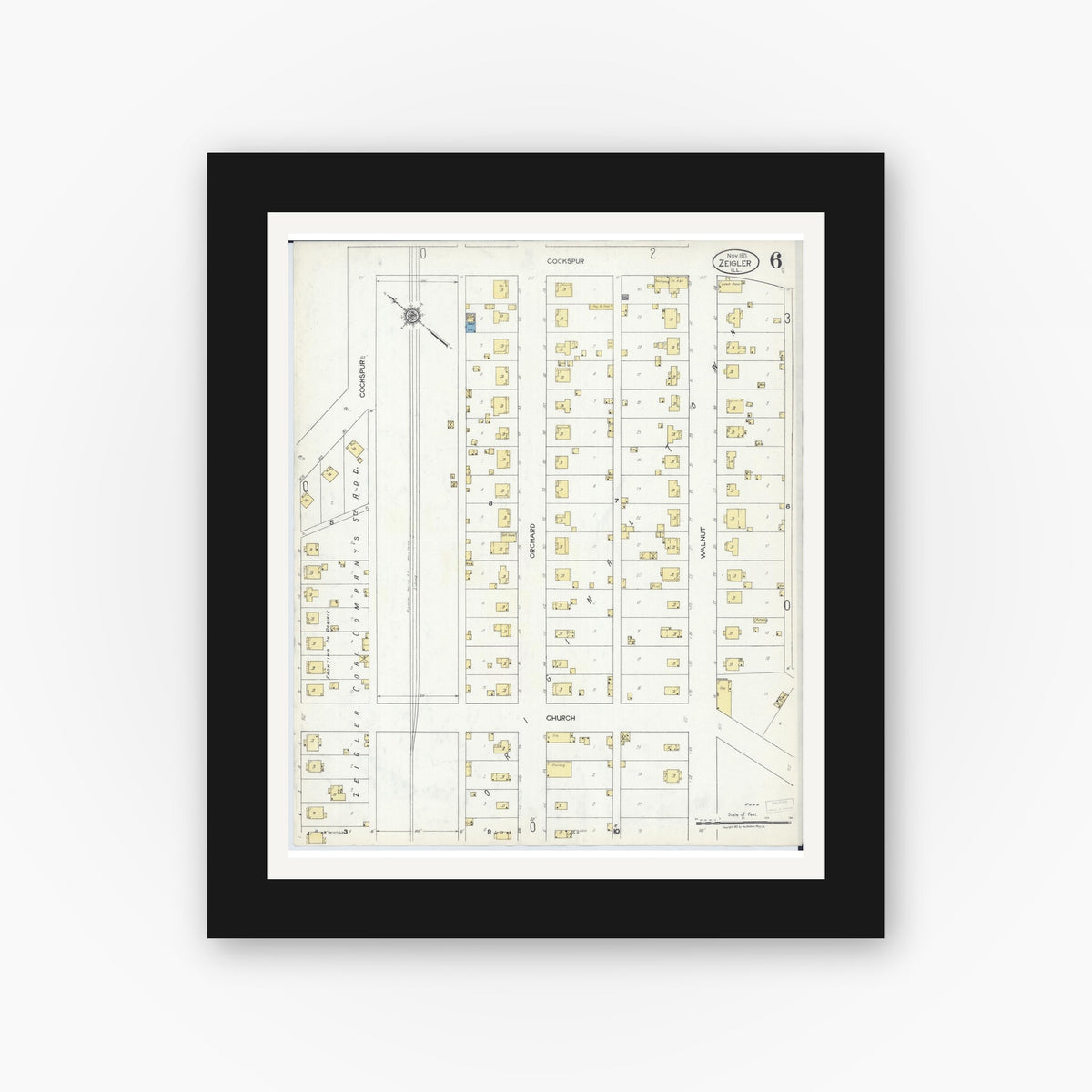 Old map wall art mockup — black gallery frame with white mat — Sanborn Fire Insurance Map from Zeigler, Franklin County, Illinois (1921), Sheet #0006