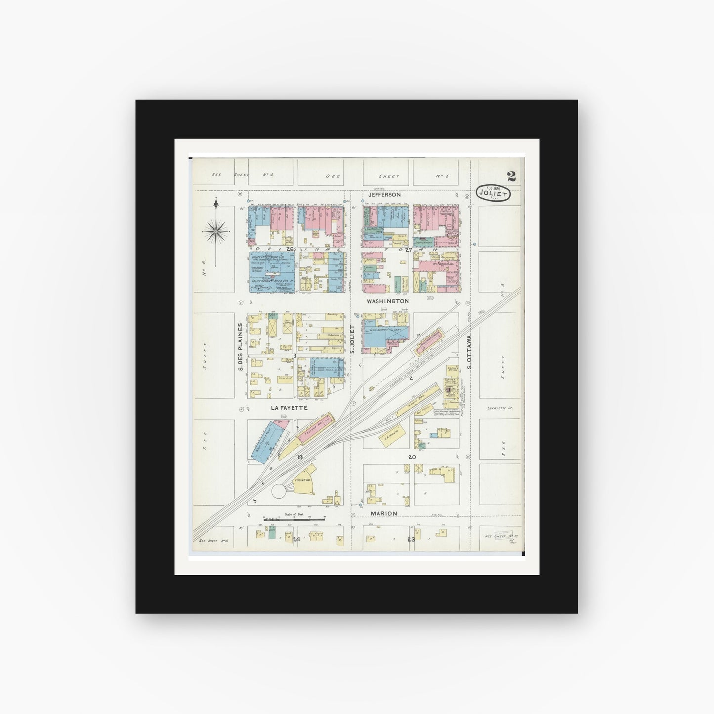 Old map wall art mockup — black gallery frame with white mat — Sanborn Fire Insurance Map from Joliet, Will County, Illinois (1891), Sheet #0002