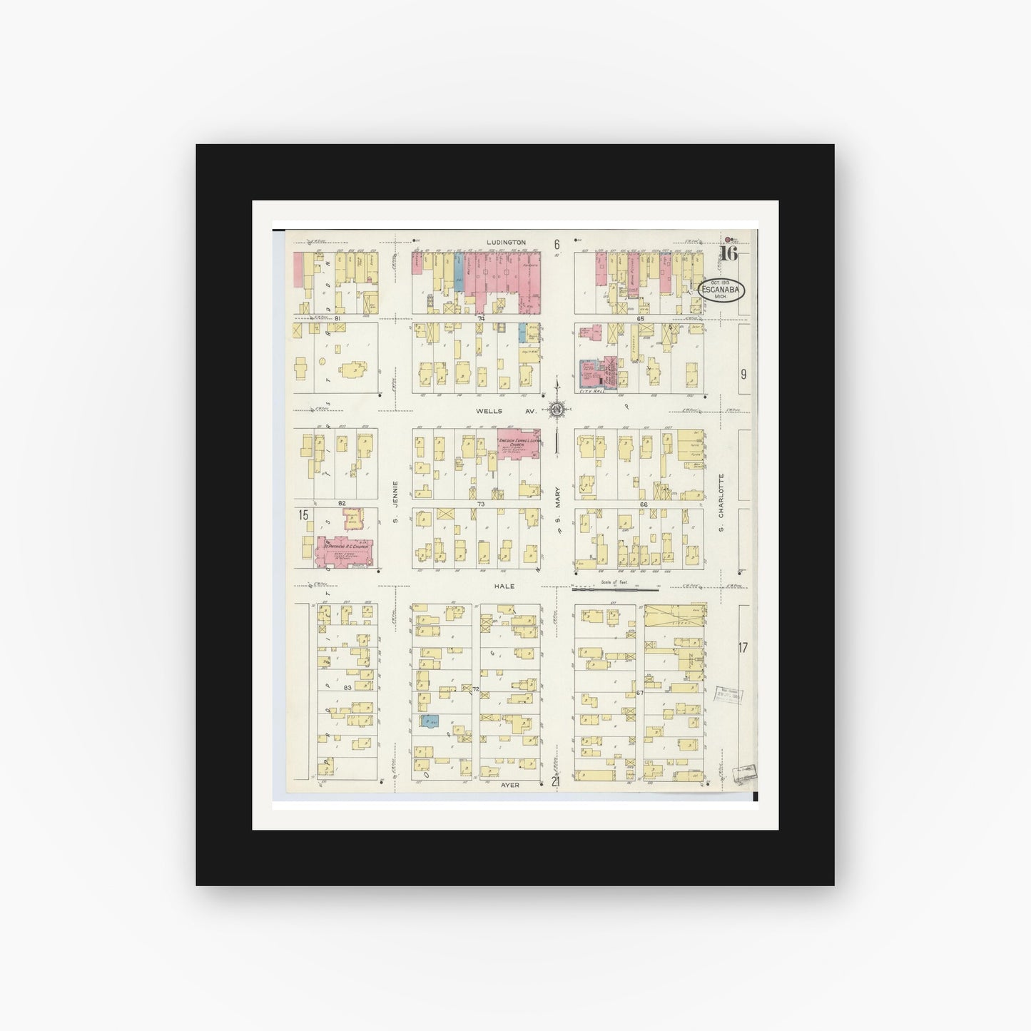 Old map wall art mockup — black gallery frame with white mat — Sanborn Fire Insurance Map from Escanaba, Delta County, Michigan (1913), Sheet #0016