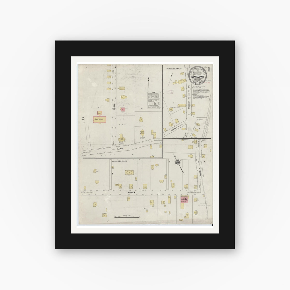 Old map wall art mockup — black gallery frame with white mat — Sanborn Fire Insurance Map from Winburne, Clearfield County, Pennsylvania (1911) - Complete Map Set