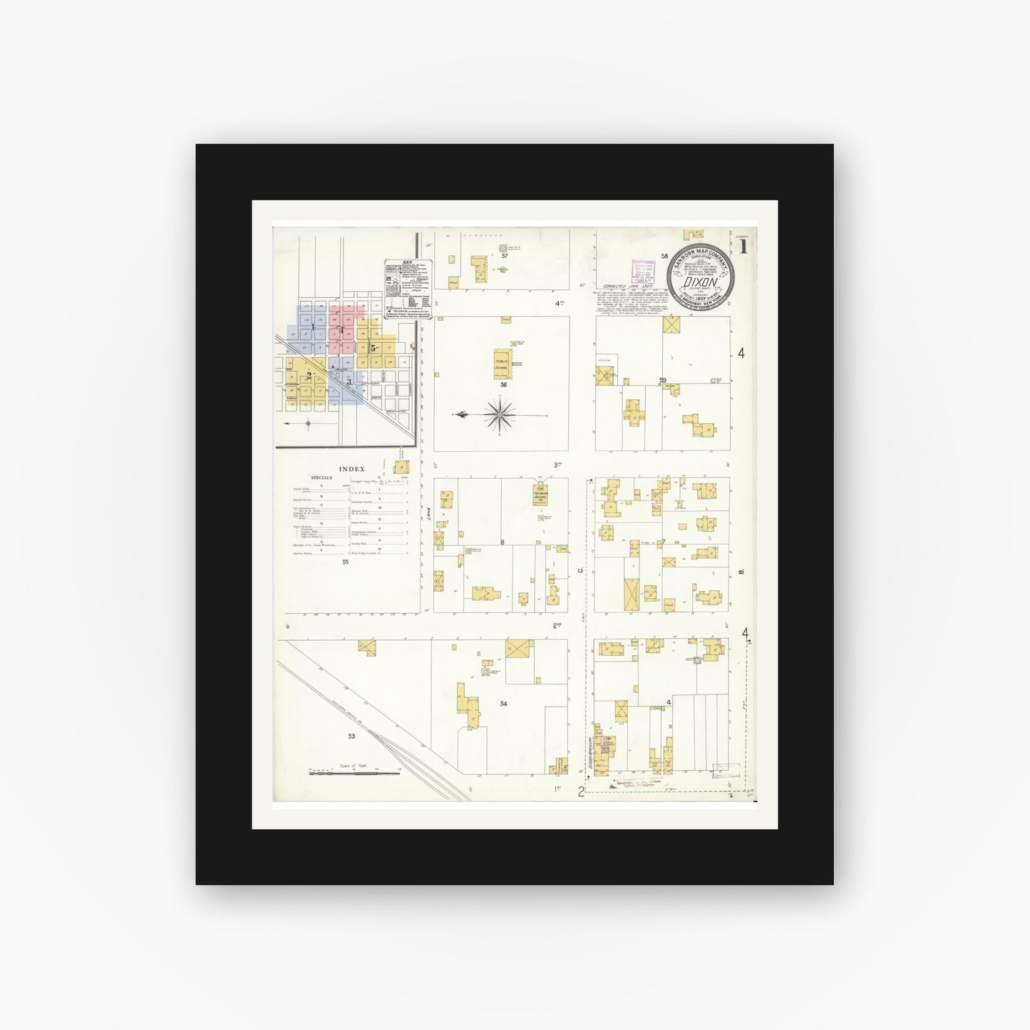 Old map wall art mockup — black gallery frame with white mat — Sanborn Fire Insurance Map from Dixon, Solano County, California (1907) - Complete Map Set