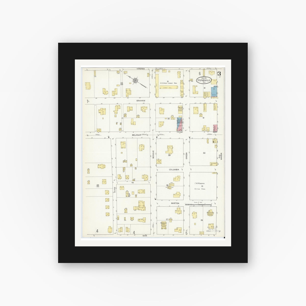 Old map wall art mockup — black gallery frame with white mat — Sanborn Fire Insurance Map from Stephenville, Erath County, Texas (1912), Sheet #0003