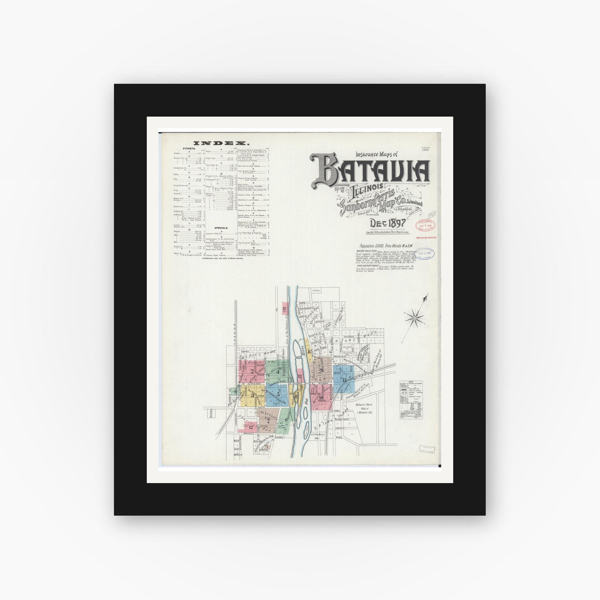 Old map wall art mockup — black gallery frame with white mat — Sanborn Fire Insurance Map from Batavia, Kane County, Illinois (1897), Sheet #0001