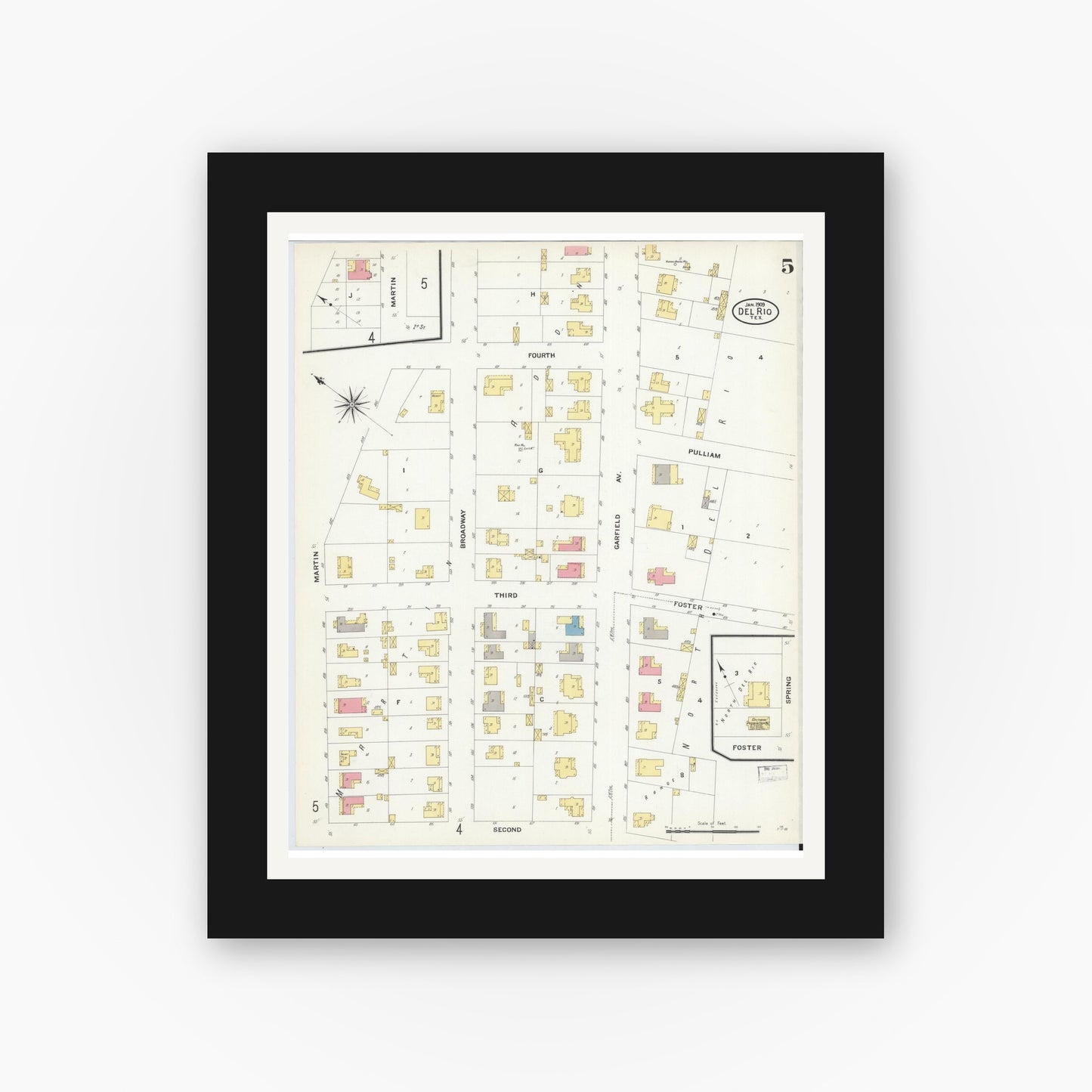 Old map wall art mockup — black gallery frame with white mat — Sanborn Fire Insurance Map from Del Rio, Val Verde County, Texas (1909), Sheet #0005